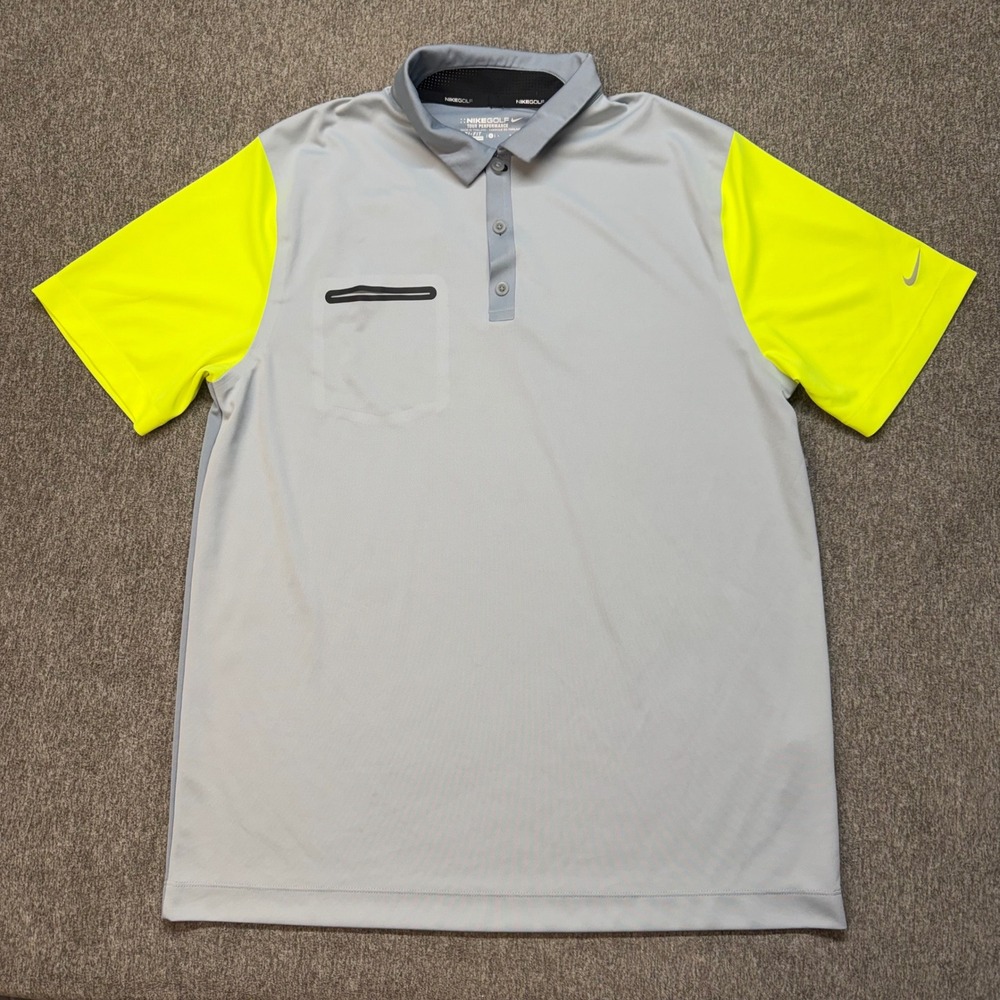 Nike Golf Mens‎ Dri-FIT Polo Shirt Grey Volt Yellow L 585820-007 Phil Wick Logo